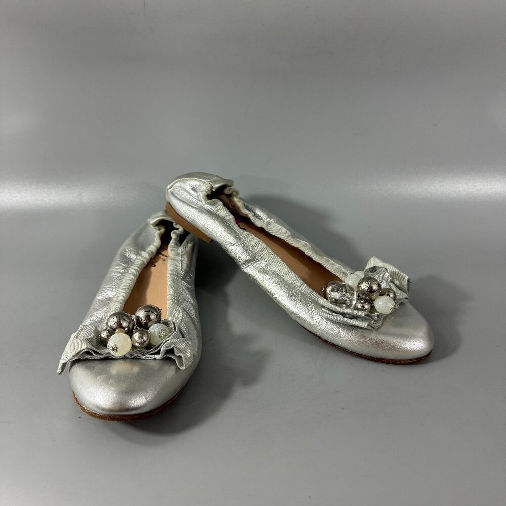 Milly Made in Italy Silver Metallic Leather Ballet Flats, Size 39.5
